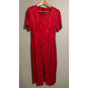 Vintage Womens Dress Size 12 Red Floral Damask Satin Button Up Romantic 90s